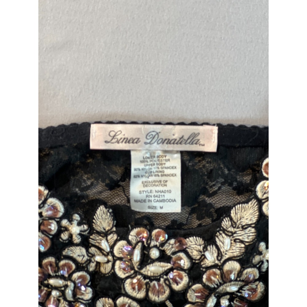 Linea Donatella Black Lace Sheer Chemise Lingerie M Beaded‎ Floral Appliqué - Picture 7 of 9